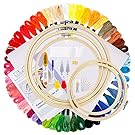 Caydo Full Range of Embroidery Starter Kit Including 5 Pieces Bamboo Embroidery Hoops, 50 Color Threads, 2 Pieces 12 by 18-Inch 14 Count Classic Reserve Aida and Cross Stitch Tool Kit