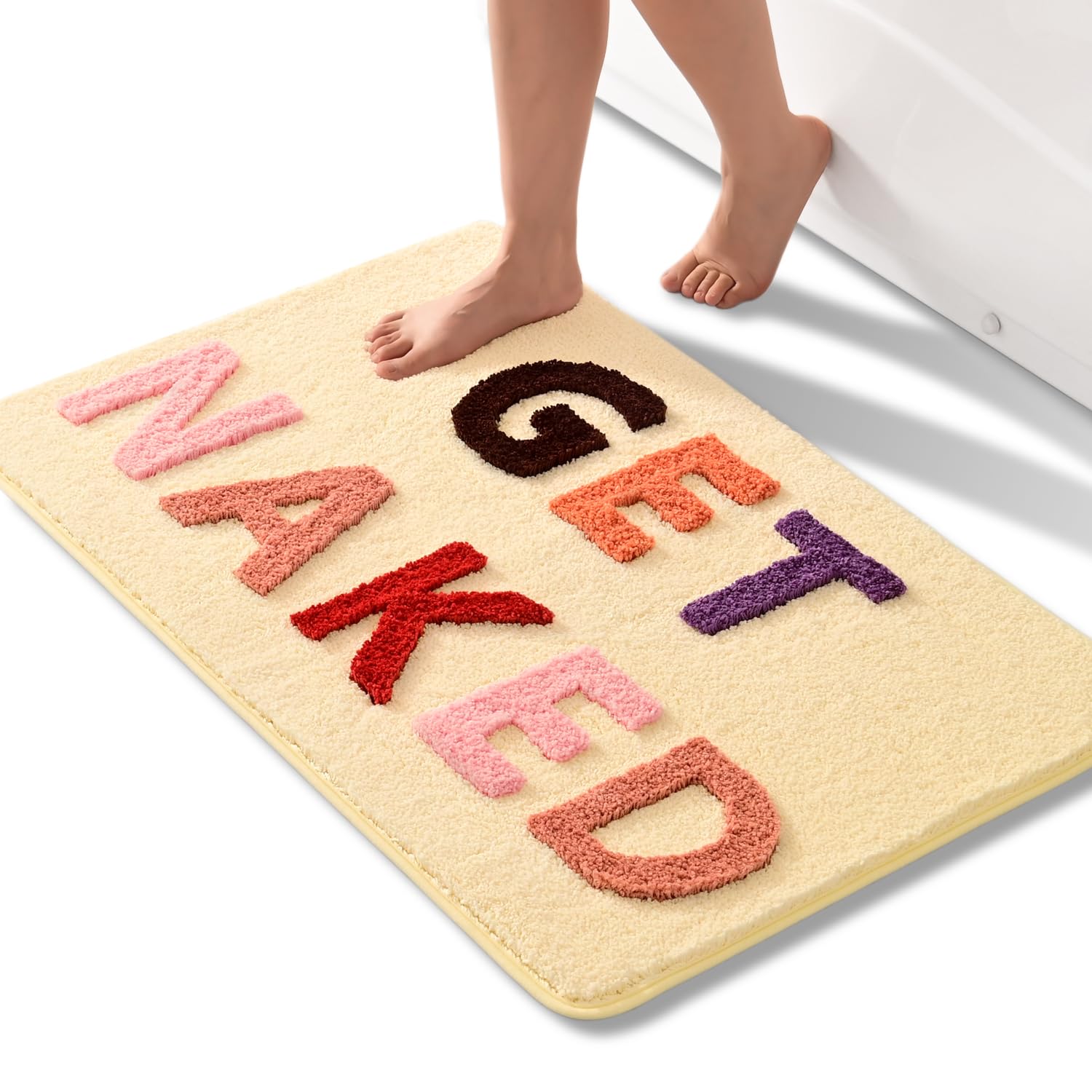 QJHOMO Get Naked Bath Mats 60 x 90 cm Non Slip, Machine Washable Microfiber-Rug, Soft, Colorful Letters, Beige — image 1
