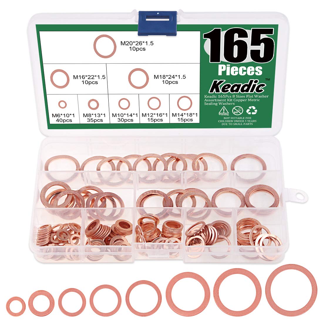 Keadic 165 Pcs Copper Flat Washers Assorted Kit, 8 Sizes (M6-M20), Metric Plain Washers for Home DIY, Factories, Repair, Construction