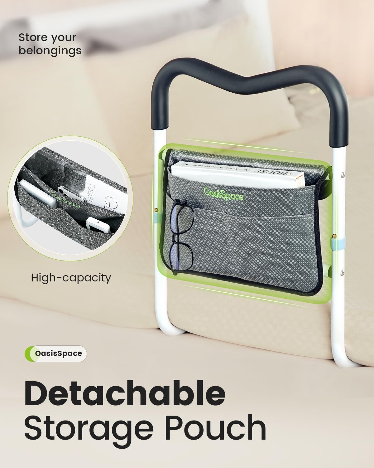OasisSpace Bed Rail for Seniors, Medical Bed Assist Bar with Storage Pocket and Fall Prevention Safety Hand Guard Grab Bar for Elderly, Handicap- Fit King, Queen, Full, Twin