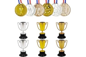 HOPELJ 6 Pack Mini Award Trophy Cup with Medals for Kids - Plastic Gold Silver Bronze Award Trophies Medals Sets for Party Favors, Gifts,Props,Winning Prizes, Family Game Rewards