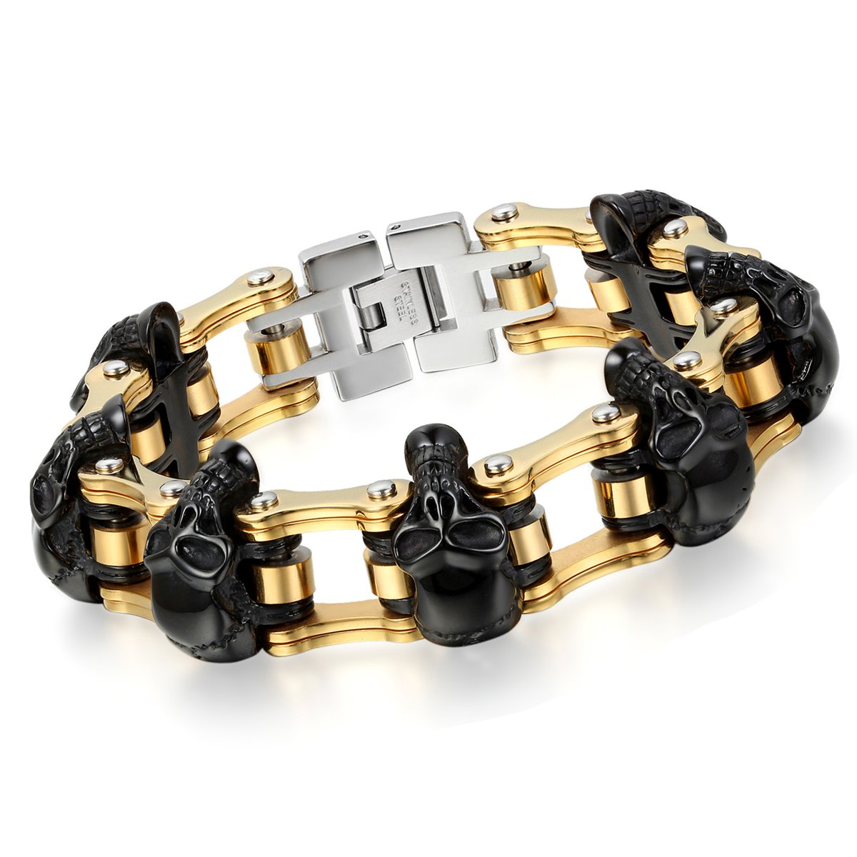 Cupimatch MensHeavy and Study Bike Chain Skull Bracelet Stainless Steel Black & Gold Color High Polished, 9.1"