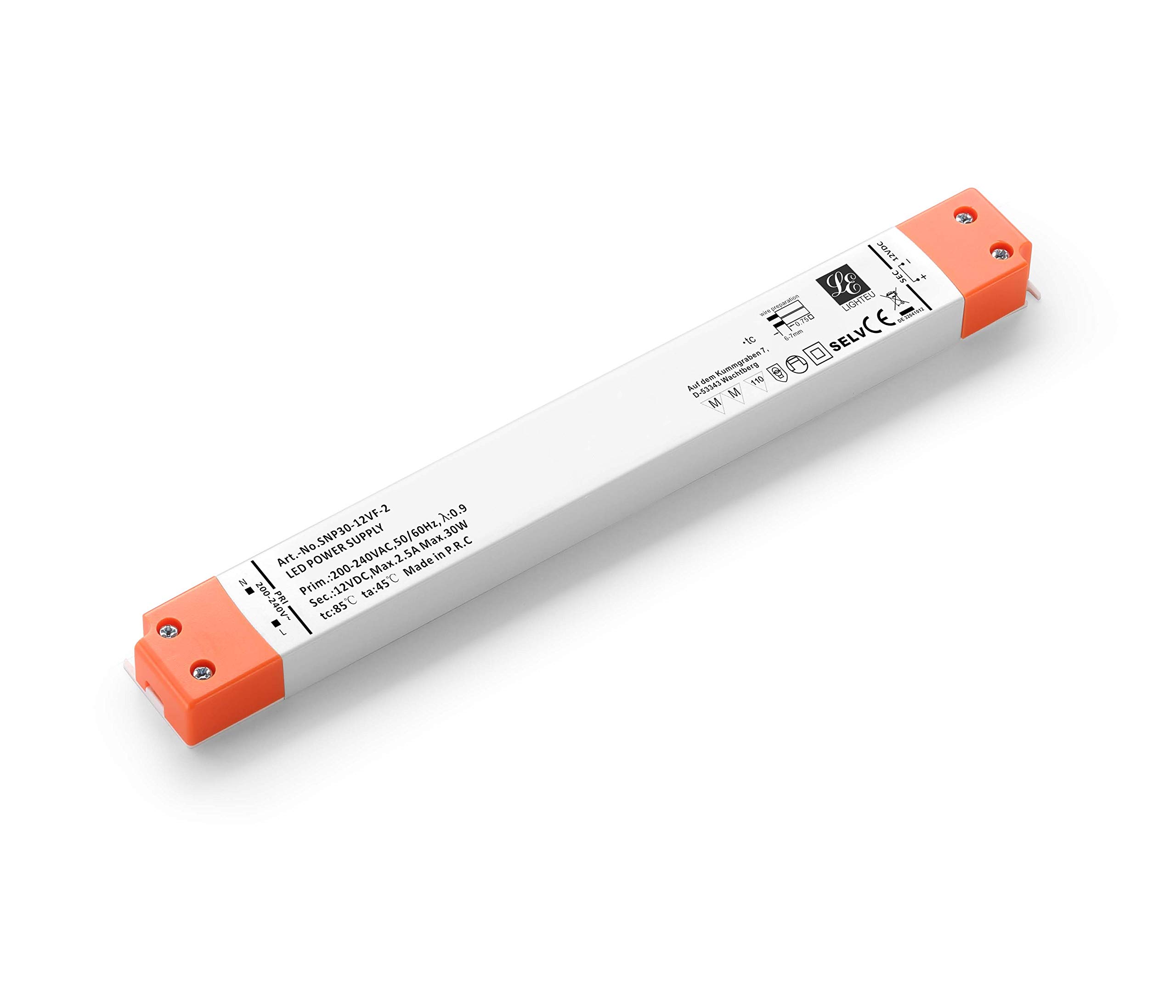 LIGHTEU, Ultra Slim Transformer LED Power Supply - 30W, 12V DC, 2.5A - Constant Voltage for LED Strip Aluminium Profiles and LED Panel Frames 251 * 30 * 16mm
