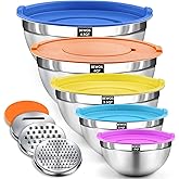 BEWOS Mixing Bowls with Lids Set - 5 Pcs Stainless Steel Mixing Bowls With 3 Grater Attachments, Size 4.5, 4, 3.5, 2.1, 1.5QT Metal Bowls for Baking and Serving (Colored)