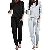 Ekouaer 2 Pack Womens Pajama Set Soft Pjs Long Sleeve Top With Jogger Pants Lounge Sets Sleepwear Loungewear with Pockets
