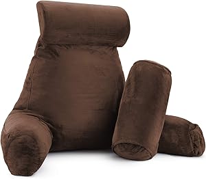 New & Improved Reading Pillow, Large Shredded Foam Reading Pillow with Detachable Neck Roll Pillow - Soft Velour Cover - Great Support for Reading, Relaxing, Watching TV - Set of 3 - Brown Chocolate