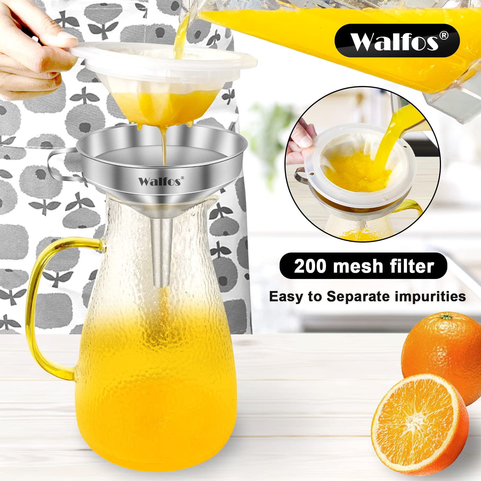 Walfos 3Pcs Kitchen Funnel with 2 Removable Strainer ＆ 1 Cleaning Brush & 1Pc 200 Mesh Food Filter Strainer, Food Grade Stainless Steel Funnel for Transferring of Liquid, Oils, Jam, Dry Ingredients
