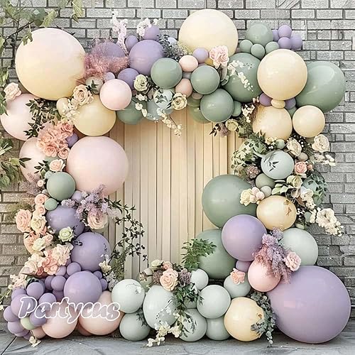 Dusty Green Purple Pink Balloon Arch Kit Double Stuffed, Lavender Light Mist Green Ivory Pastel Balloon Garland with Lilac Blush Latex for Baby Shower Birthday Wedding Flower Fall Party Decoration