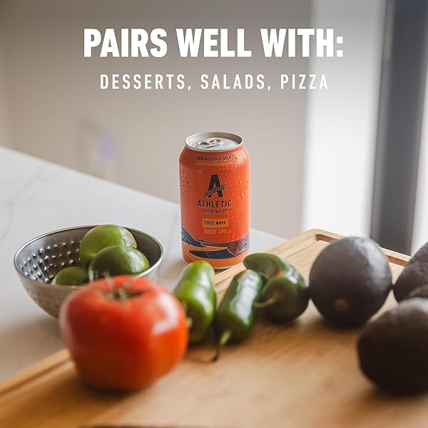 ATHLETIC BREWING COMPANY CRAFT NON ALCOHOLIC BEER, LOW CALORIE HAZY IPA, PAIR WITH SALAD, PIZZA, & DESSERTS, VEGAN HOPS BLEND WITH FLORAL & CITRUS NOTES, FREE WAVE, 12 PACK, 12 FL OZ CANS