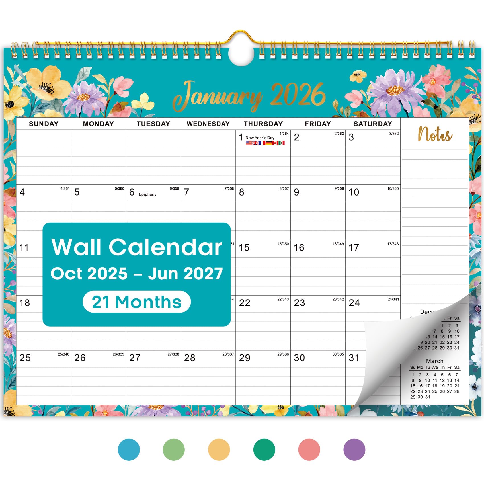 Photo 1 of 2026 Calendar, Monthly Wall Calendar from October 2025 to June 2027, 11.5" x 14.7", Spiral Binding Hanging Wall Calendar, Perfect for Home or Office,Floral