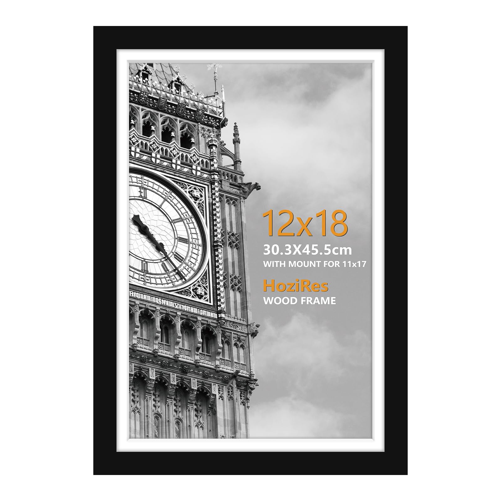 HoziRes 18 x 12 Inch Picture Frame, 100% Solid Wood 18x12 Photo Frames, 12 x 18 Inch Frame with Plexiglass Front for Wall Mounting, Black 30 x 45cm Poster Frame with Mat for 17 x 11 Inch Printing