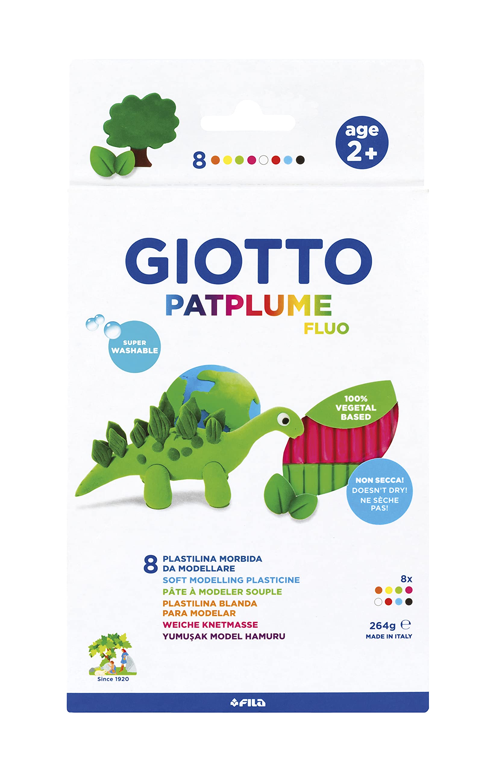 GIOTTO Patplume Soft Modelling Clay, 8 Assorted Colours, 33g, Vegetable Based Formula, Super Washable, For Children, Parties and Schools
