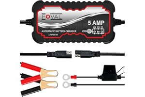 FOVAL 5A Smart Car Battery Charger, 6V and 12V Battery Charger Automotive, Battery Maintainer, Trickle Charger for Motorcycle, Float Charger for Cars, Trucks, SUVs, Boat, Lawn Mower, RV, ATV