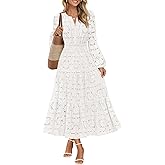 MEROKEETY Women's Fall Long Sleeve Floral Maxi Dress Lace Eyelet Hollow Out Tiered Boho Wedding Guest Dresses Pockets