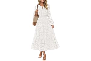 MEROKEETY Women's Fall Long Sleeve Floral Maxi Dress Lace Eyelet Hollow Out Tiered Boho Wedding Guset Dresses Pockets