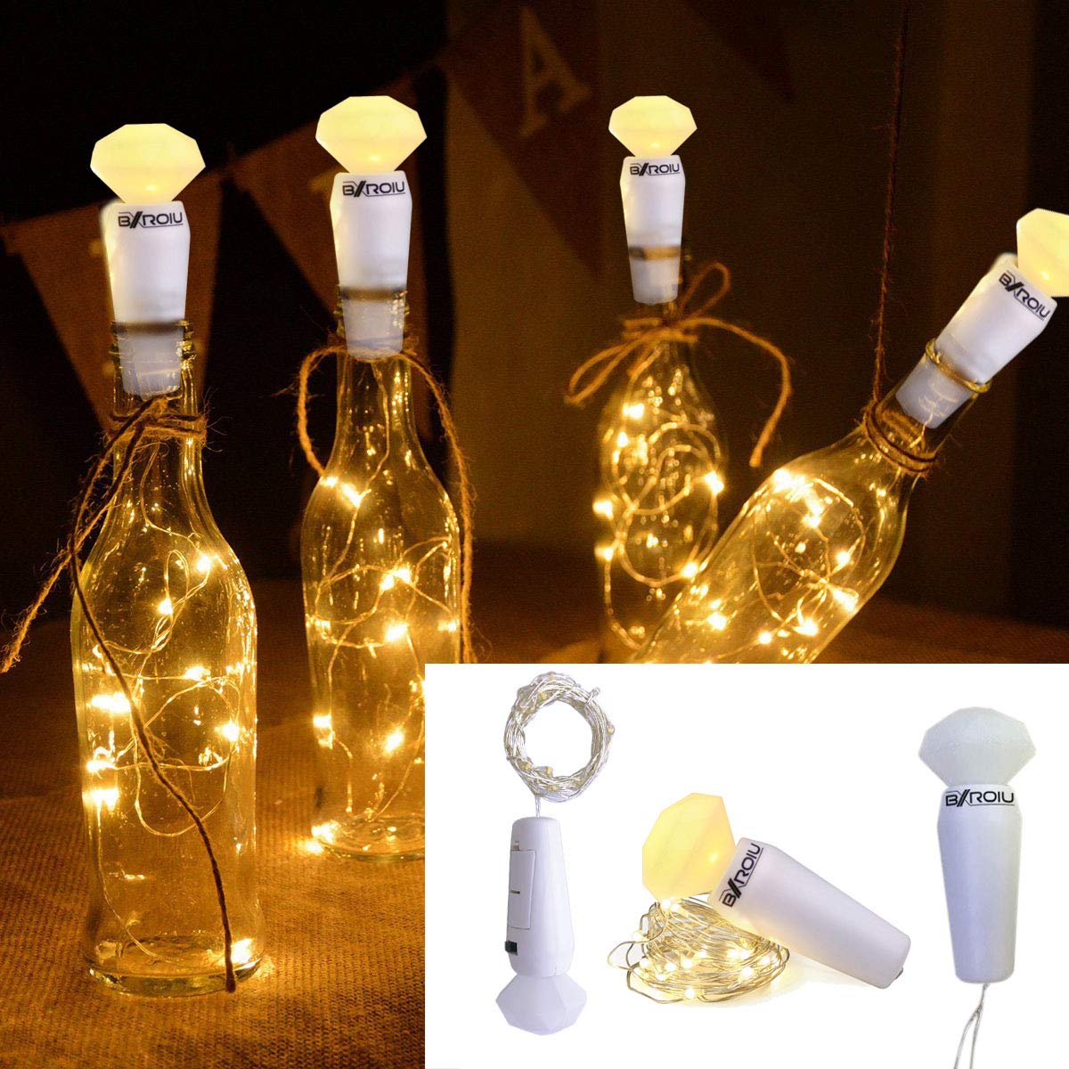 Wine Bottles String Light Cork Micro Silver Wire 2m/7.2ft Warm White 3 x LR44 Battery Fairy String Lights (6PACK)
