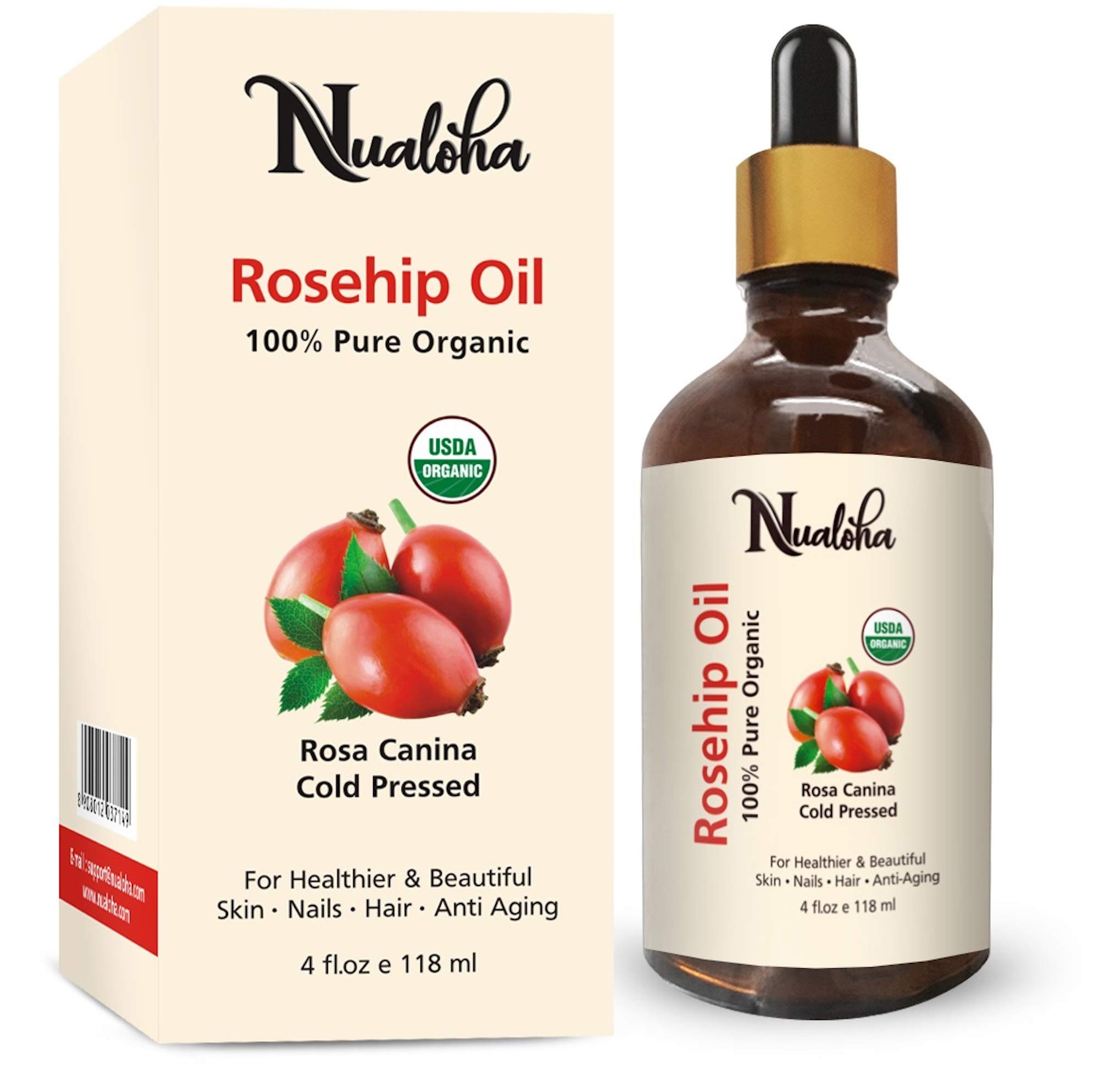 Nualoha Rosehip Oil Certified Organic 100% Pure Natural, Anti Aging Moisturizer Treatment For Face, Skin, Hair, Acne Scars and Stretch Marks, Glass Bottle