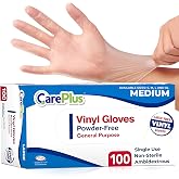 CARE PLUS Vinyl Gloves Clear Medium, Disposable Latex Free, 100 Count | Powder free exam grade protection for food service, salons &amp; housekeeping; ambidextrous, tear resistant, comfortable fit