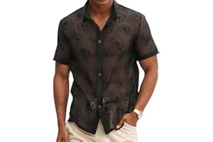 FEOYA Men's Mesh Shirts Lace Floral Top Button Down Sheer Casual Shirts for Club Party Going Out
