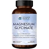 Vitamin World Magnesium Glycinate 420mg w/BioPerine, High Absorption Chelated Magnesium Supplement for Relaxation, Heart, Muscle, Bone, Nerve Health, Gluten-Free, 90 Vegetarian Capsules, 30 Servings