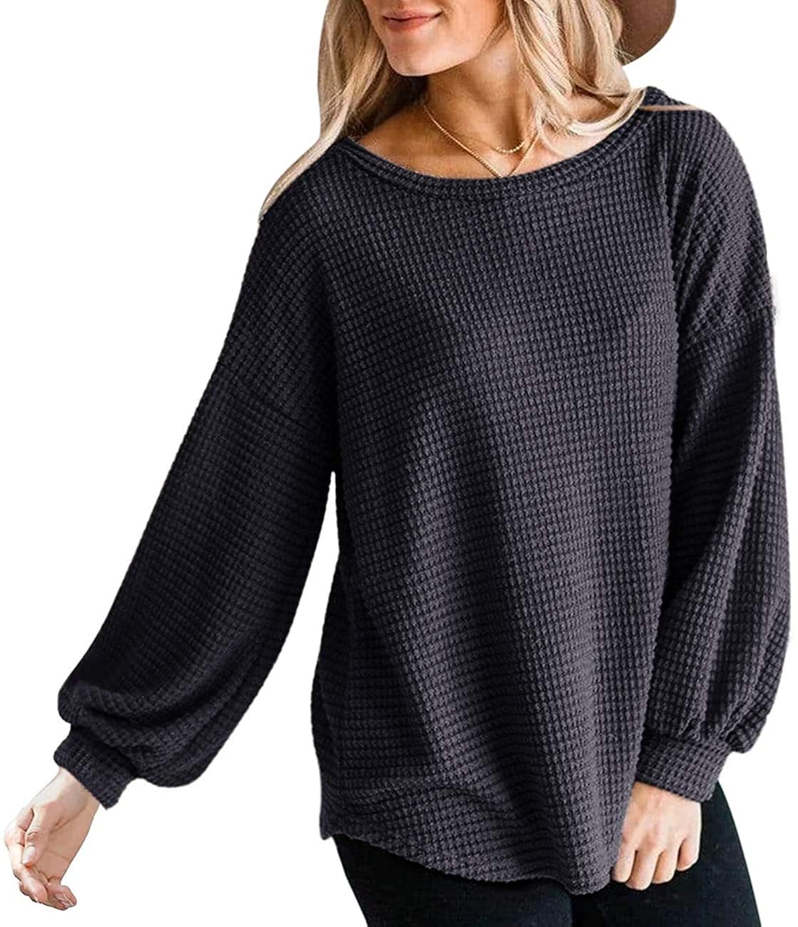 Womens Oversized Waffle Casual Sweatshirts Long Puff Sleeve Drop