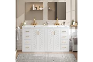 THINK 30 60 Inch White Bathroom Vanity with Double Sink,Modern Double Sink Vanity with 6 Drawers & 2 Spacious Cabinets,Soft Closing Doors with Gold Handles,Solid Wood Frame,Herringbone Front(2 * 30 Inch)-1K