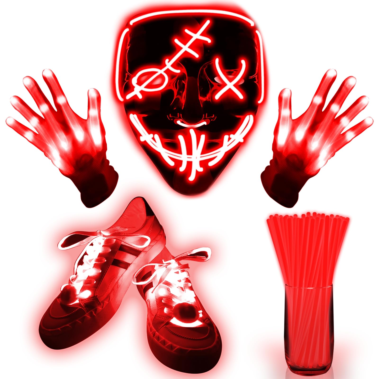 Photo 1 of 4 Set Halloween LED Mask Light Up Gloves Glow Shoelaces 20 Glow Sticks 20 Connector Scary Halloween Costume Party Adult Kid (Red)