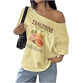 RoseSeek Women's Oversized Off Shoulder Graphic Tees Short Sleeve Bow Letter Print T Shirts Y2K Tops