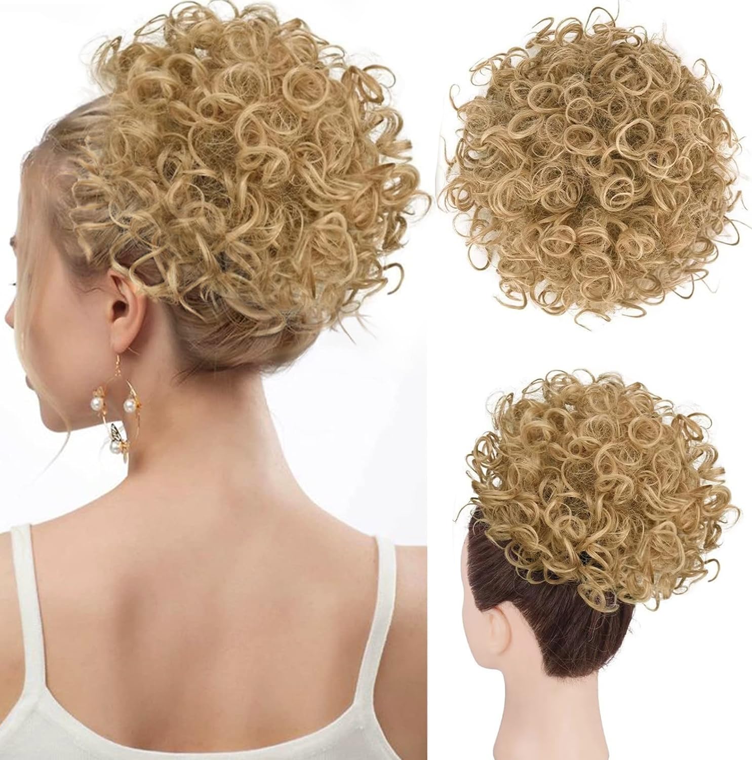 PORSMEER Messy Hair Bun Elastic Drawstring Hair Extensions Curly Wavy Loose Hair Pieces Blonde for Women Natural Synthetic Hair Bun Ponytail Extension