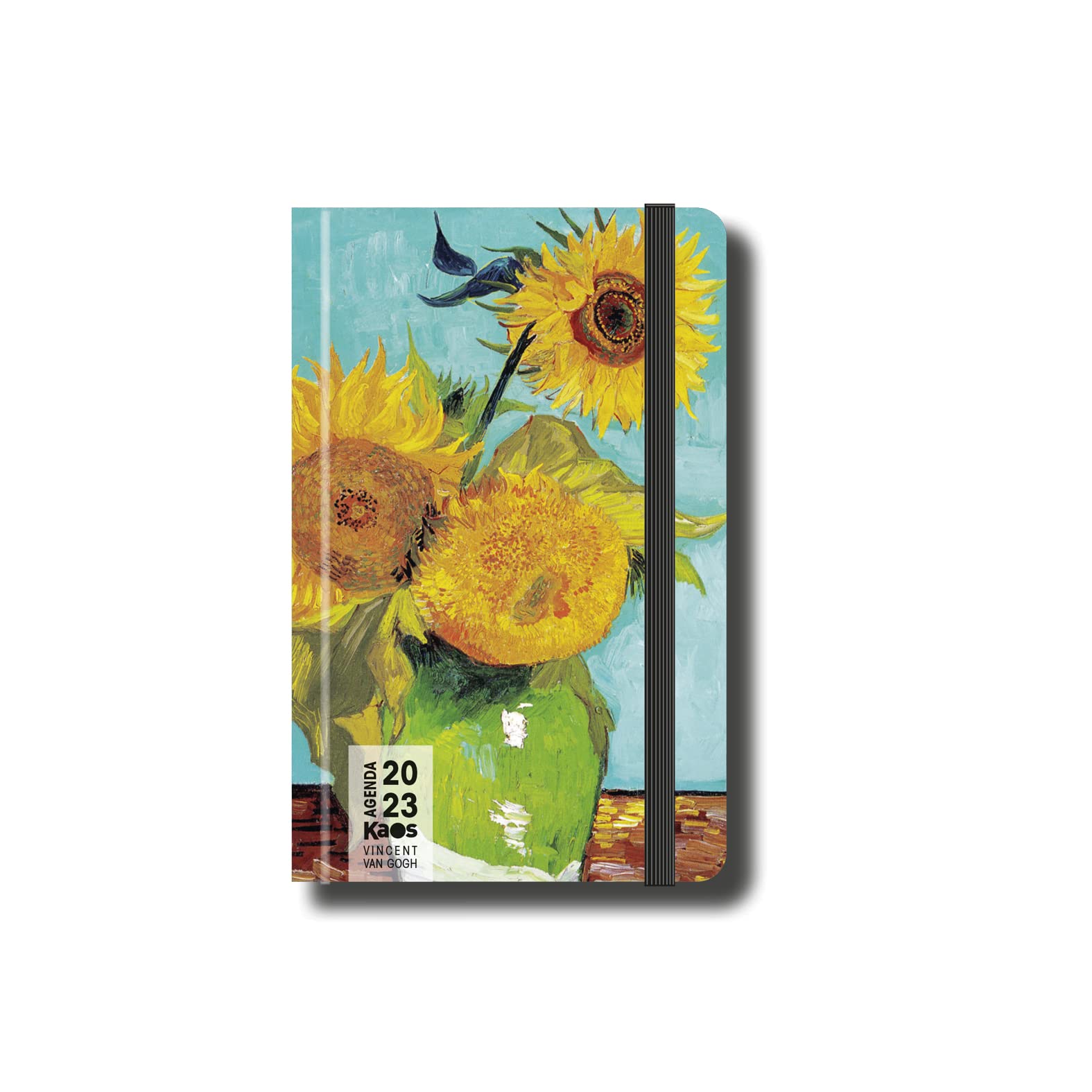 KAOS Weekly Planner 2023-12 Months with Planner - Pocket 9 x 14 cm - Easy to Carry - Hard Cover, Flat Elastic Band, Bookmark, Rounded Corners - Van Gogh - Sunflowers P000566