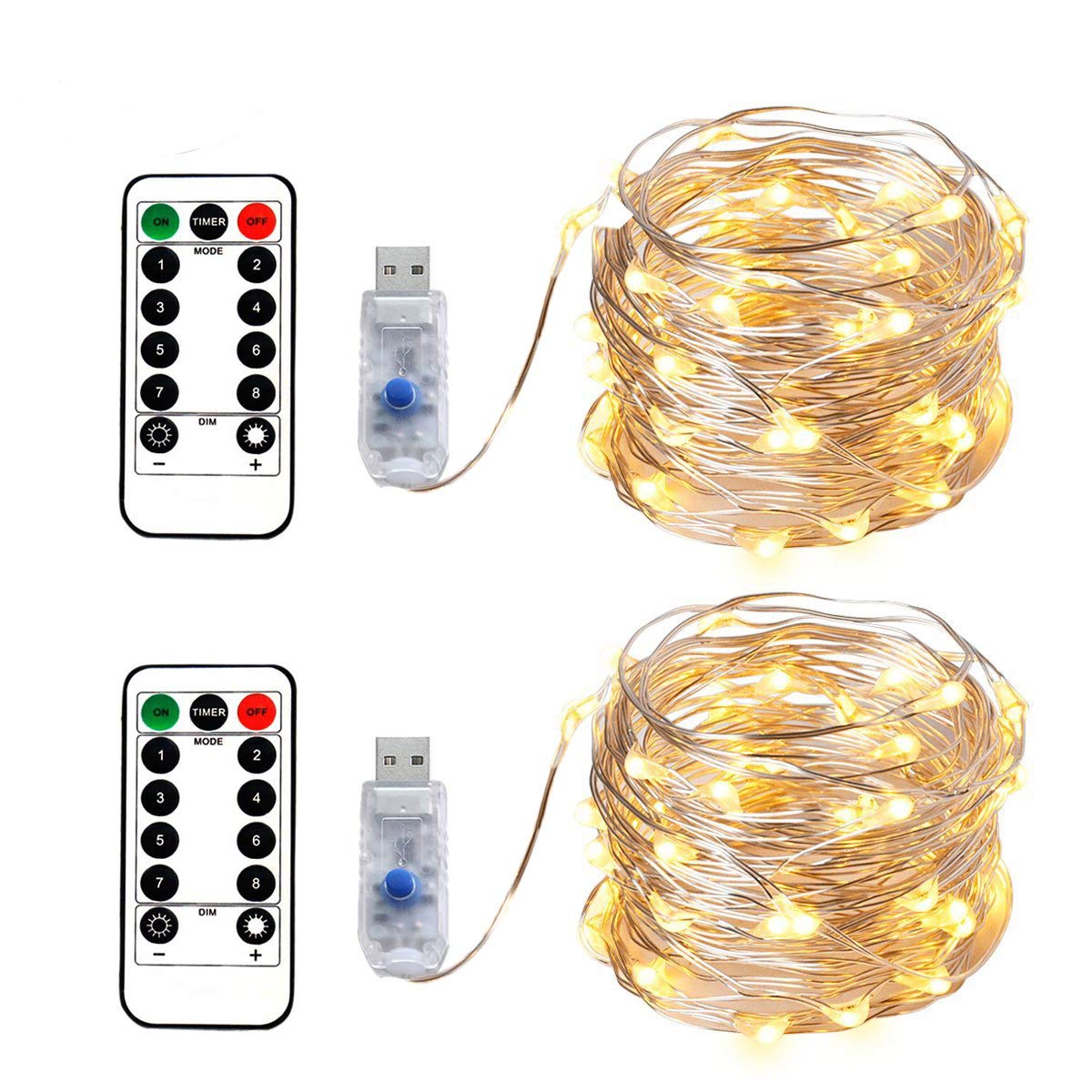 2 x LED Micro Lichterkette im 5M 50LEDs Silbernedraht USB-Anschluss mit Fernbedienung 8 Programm und Zeitwahl Dimmen LED-Lichter für Party, Zimmerdekoration, Weihnachten, Halloween, Hochzeit, Beleuchtung Deko (Warmweiß)