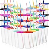 Komphy 60 Pack Plastic Tumblers with Lids and Straws, 24oz Reusable Clear Plastic Drinking Cup, Iced Water Tumblers, Transparent Party Mug Cup for Iced Coffee Smoothie Milkshake (15 Colors)
