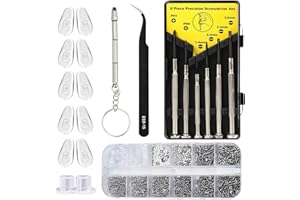 Kingsdun Eyeglass Repair Kit with 1100pcs Eye Glass Screws & Nose Pads Include 6pcs Phillips Flat Head Screwdriver Set & Curved Tip Tweezer for Eyeglasses, Sunglasses,Watch Clock Repair (Small)