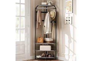 Corner Coat Rack with Shoe Bench, Entryway Hall Tree with 12 Double Hooks & Top Storage Shelf, Space Saving Organizer for Ent
