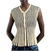 MakeMeChic Women's Striped Sweater Vest Tops V Neck Button Down Sleeveless Knit Cardigan