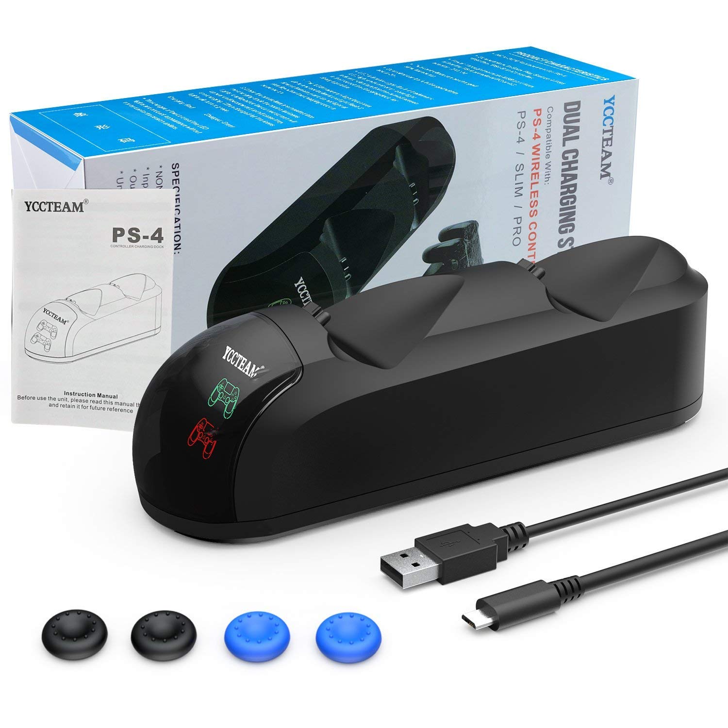 PS4 Controller Charger, Dual USB Fast Charging PS4 Controller Charging Station for Sony Playstation 4/PS4/PS4 Slim/PS4 Pro Controller with 4 Thumb Grips