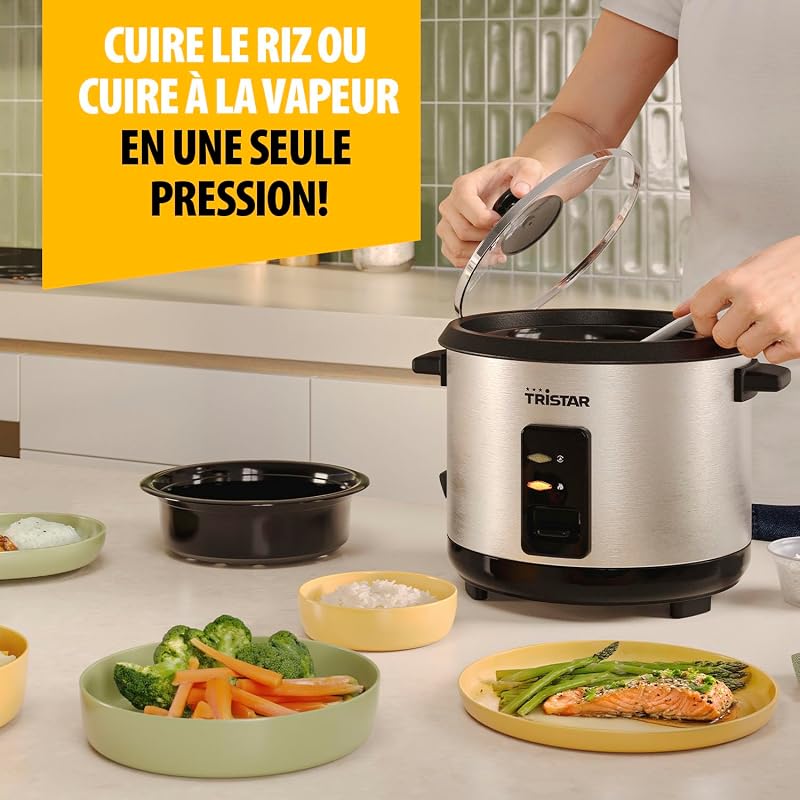 Cuiseur à Riz, 1,5 L de Capacité, Corps en Acier Inoxydable, Panier Vapeur, Arrêt Automatique, Fonction Maintien au Chaud, 500 W, RK-6145
