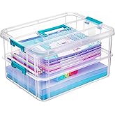 Tribello Craft Box &amp; Art Supply Storage Organizer &ndash; Stackable Art Organizer and Craft Storage Box with Handle, 2-Layer Clear Art Supplies Organizer (14 x 10 x 7)