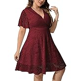 SCOMCHIC Women Plus Size Lace Cocktail Dresses Faux Wrap V Neck Short Sleeve Flowy A Line Wedding Guest Midi Dress