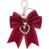 Clofiak Bow Purse Charms, Cute Bow Backpack Keychains for Women, Pearl Wristlet Keychain(Red)