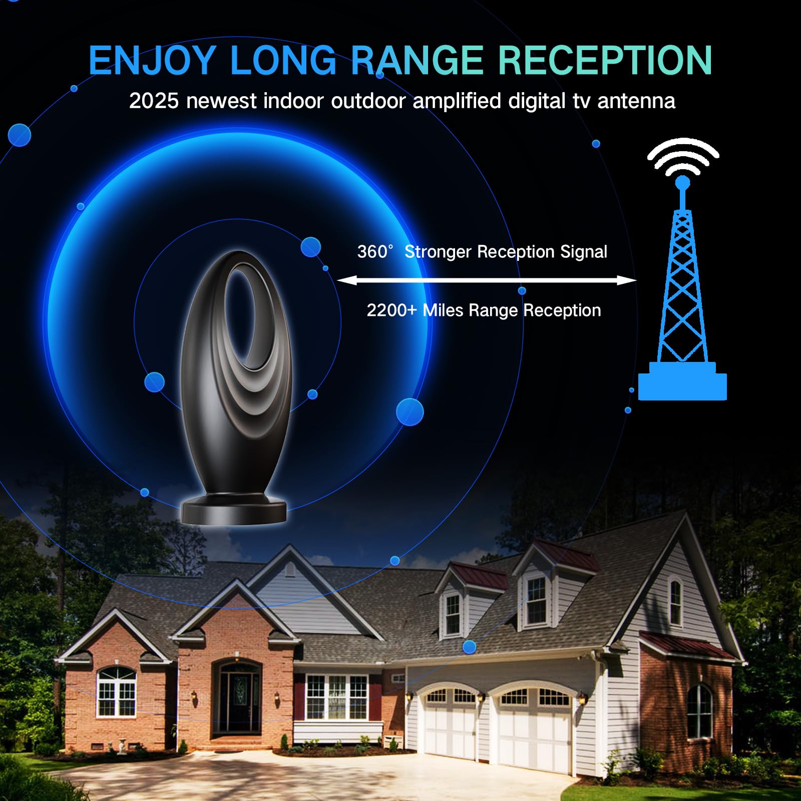 2025 TV Antenna for Smart TV and Old TV, 2200+ Miles Range HD Digital TV Antenna Indoor with 360° Signal Strongest Booster, Supports Local Channels 1080P 4K Reception for Home, RV, Camping (32ft)