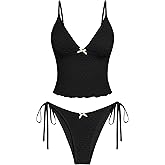 ZAFUL Tankini Swimsuits for Women Lace Jacquard Bowknot Decor Tummy Control High Cut Tanga Tankini Set