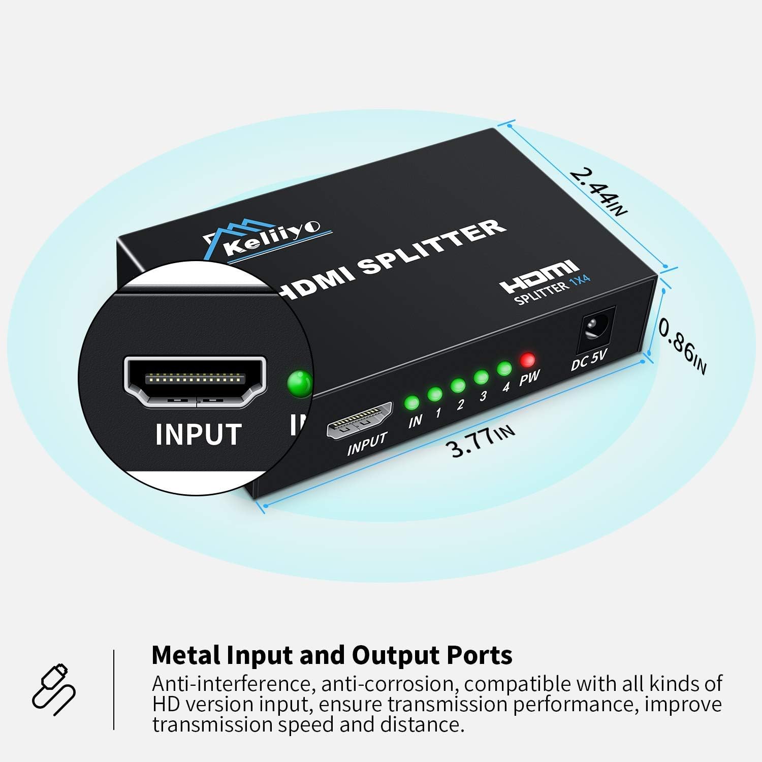 KELIIYO Hdmi Splitter 1 in 4 Out V1.4b Powered Hdmi Video Splitter with AC Adaptor Duplicate/Mirror Screen Monitor Supports Ultra HD 1080P 2K and 3D Resolutions (1 Input to 4 Outputs): Electronics