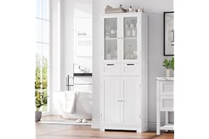 HORSTORS 67" Tall Bathroom Storage Cabinet, Freestanding Linen Cabinet with Glass Door and Shelves, Kitchen Pantry with 2 Drawers for Bathroom, Living Room, Dining Room, Office, White