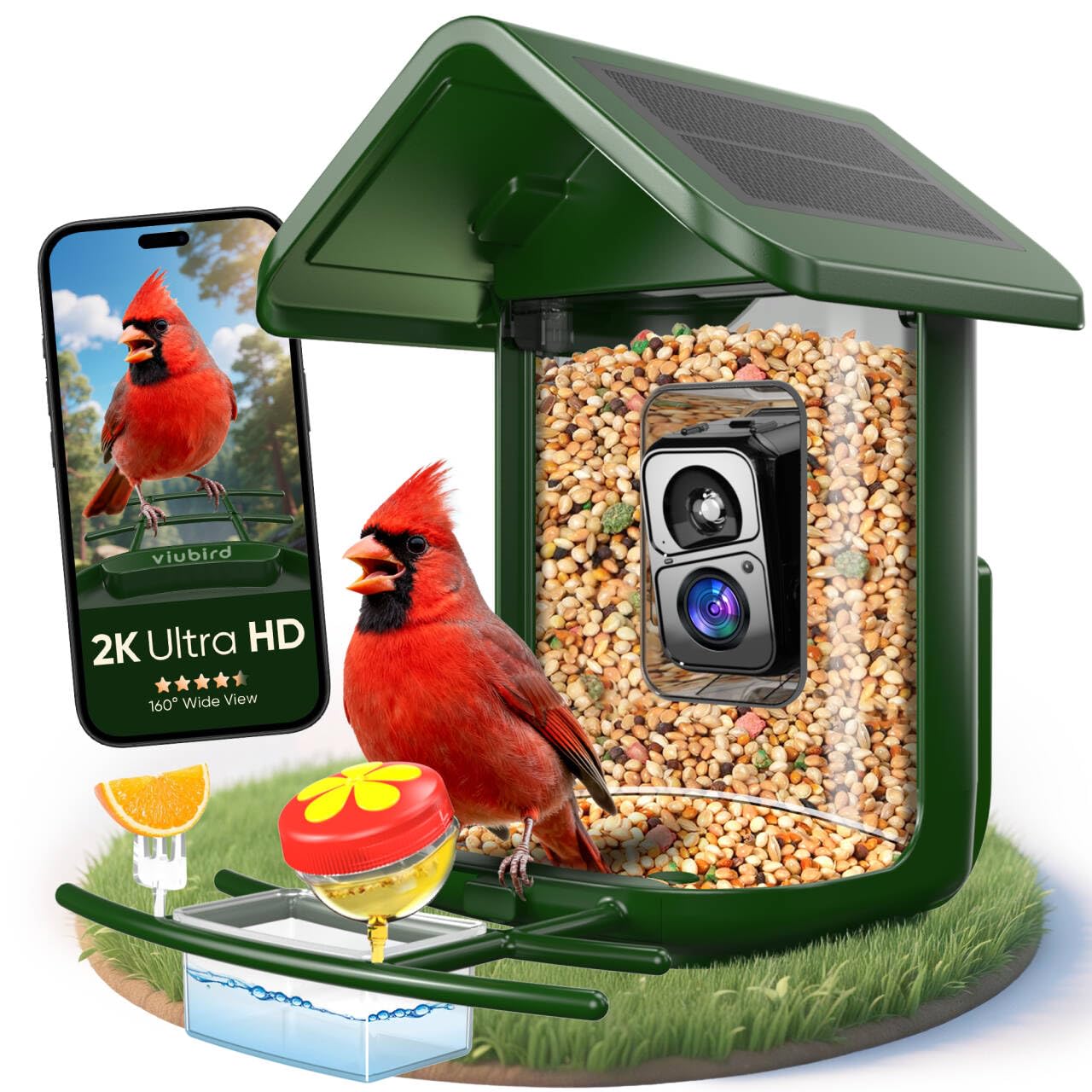 Photo 1 of Bird Feeder with Camera Solar Powered - Smart Bird Feeder Camera 2K HD Live Stream, 5MP Photos, AI Identification for Backyard, 2.4Lb Large Capacity, Gifts for Mom Dad, Green