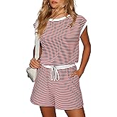 Dokotoo Women's Summer Casual Rompers Striped Shorts Overalls Adjustable Drawstring Waist Jumpsuits One Piece Outfits