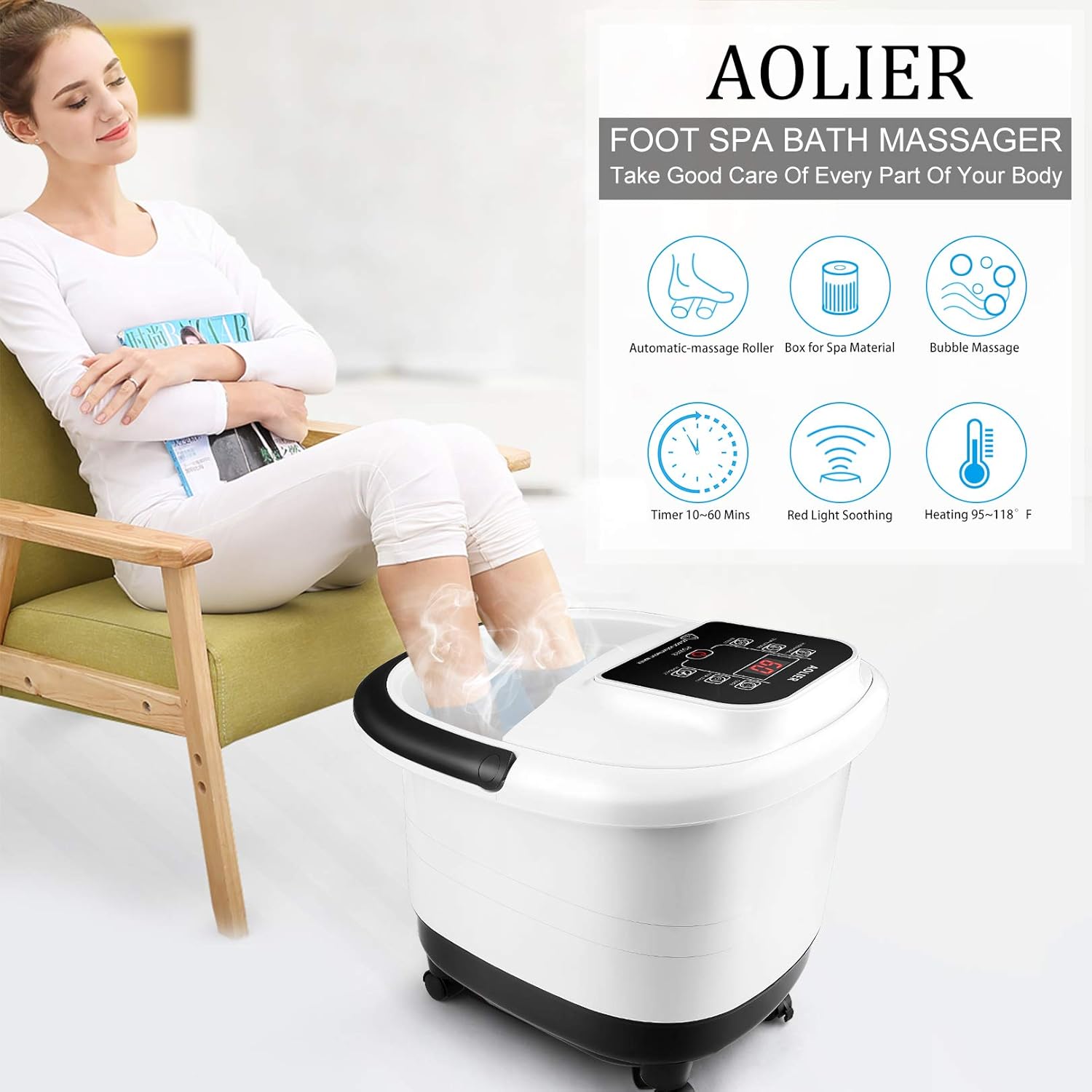 Foot Spa Bath Massager with Heat Bubbles, Automatic Tai Chi Massage Roller and Maize Roller, Red Infrared Light, Medicine Box, Timer and Temp Adjustable Pedicure Foot Soak Tub for Stress Relief: Beauty