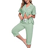 COLORFULLEAF Womens Cotton Pajama Sets Short Sleeve Button Down Sleepwear Summer Capri Pants Pjs with Pockets