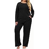 Koscacy Womens Plus Size Lounge Sets 2 Piece Casual Long Sleeve Top and Pants with Pockets