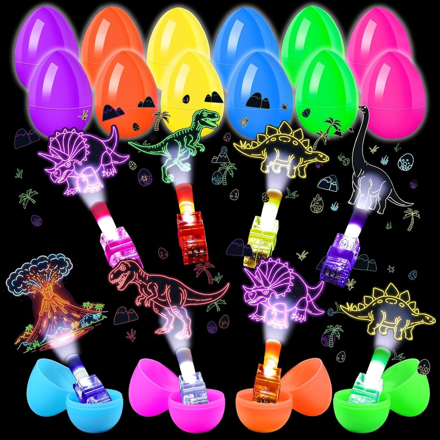 Photo 1 of ****reference photos ******CHOOHC 48 Pack Easter Fillers Set for Kids– 24 Fillable Plastic Eggs,24 Dinosaur Finger Lights, Light Up Easter Rings, Easter Basket Stuffers Bulk, Non-Candy Party Favor Bundle for Boys Girls